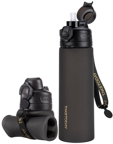 TakeToday Collapsible Water Bottles 21oz (600mL), Foldable Platinum Silicone Travel Water Bottle with Straw & Carry Strap, Leak-Resistant Screw Lid, Wide Mouth, BPA-Free for Hiking, Flights | Amazon (US)