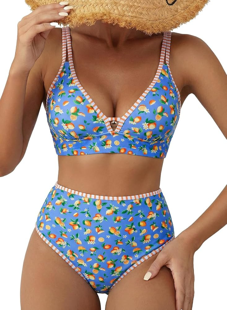 Herseas Women's 2 Piece Floral Print Bikini Sets V Neck Stitch Swimsuits High Waisted Bathing Sui... | Amazon (US)