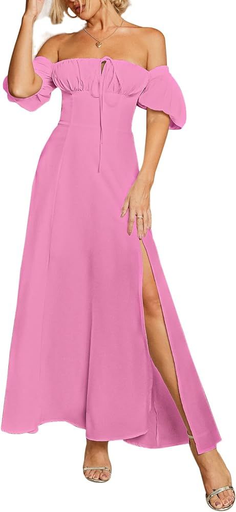 Women's Summer Puff Sleeve Floral Split Maxi Dress Flowy A Line Causal Beach Long Dresses | Amazon (US)