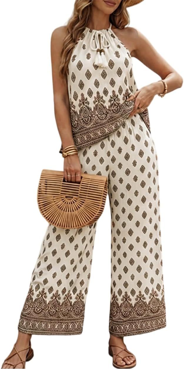 CHICME Womens Summer 2 Piece Boho Outfits Shimmering Rhinestone Haltered Top and Wide Leg Pants V... | Amazon (US)