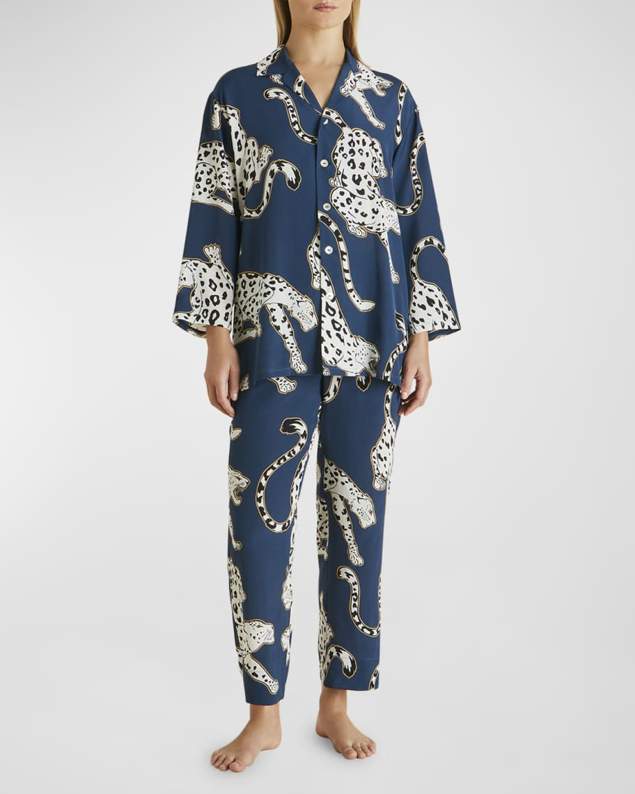 Olivia Von Halle Casablanca Cropped Animal-Print Silk Pajama Set | Neiman Marcus