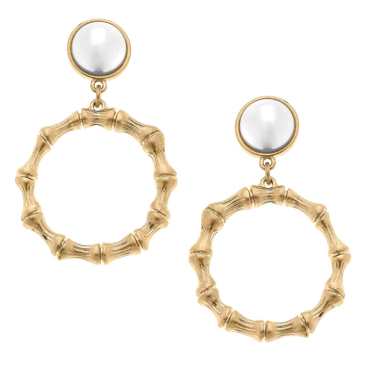 Kaia Pearl Stud Bamboo Drop Hoop Earrings in Worn Gold | CANVAS