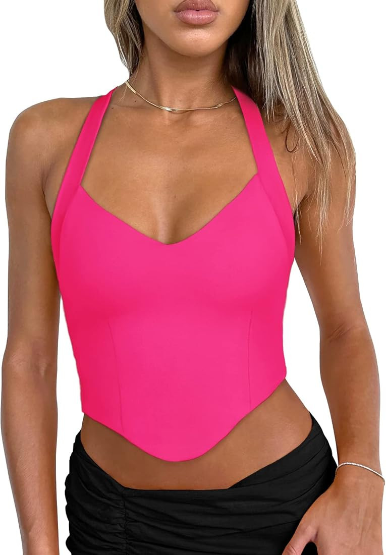 REORIA Women's Summer Sexy Halter V Neck Sleeveless Backless Y2K Going Out Crop Tank Tops | Amazon (US)