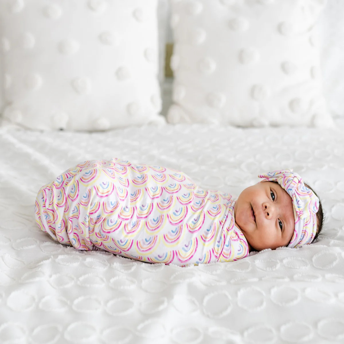 Pastel Rainbows Bamboo Viscose Swaddle + Headband Set | Little Sleepies