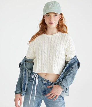 Cable-Knit Cropped Crew Sweater | Aeropostale