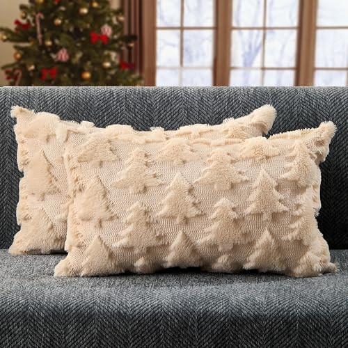 DFXSZ Christmas Pillow Covers 12x20 inch Set of 2 Beige Christmas Tree Decoration Soft Plush Faux Fur Jacquard Throw Pillows for Bedroom Sofa Holiday Festivals Winter Home Decor PTK070C12 | Amazon (US)