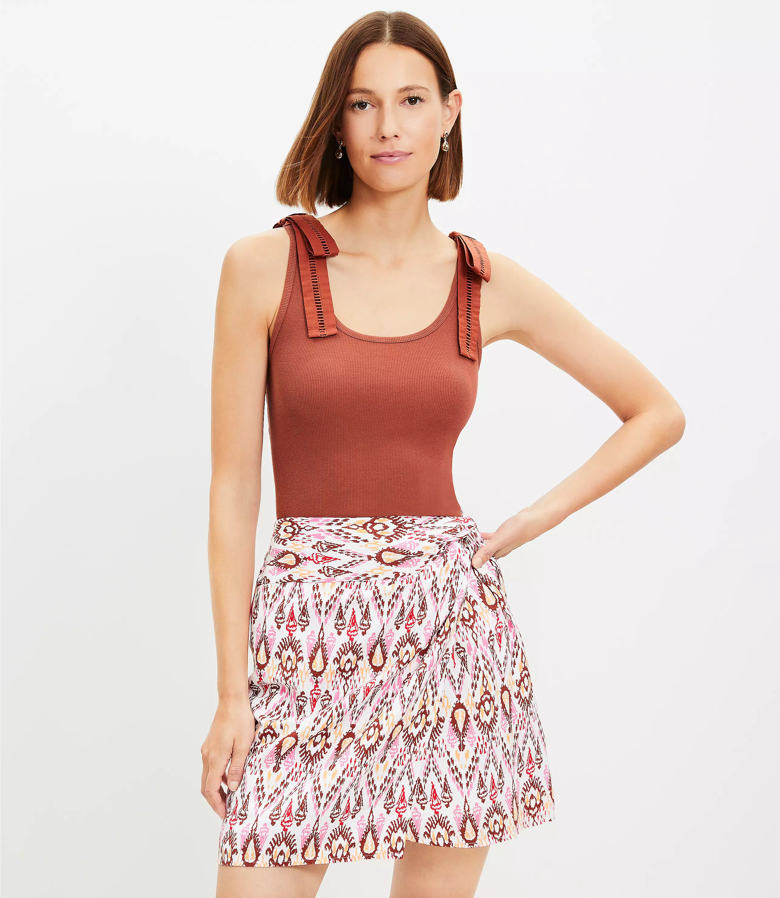 Poplin Ribbed Tie Shoulder Mixed Media Tank Top | LOFT