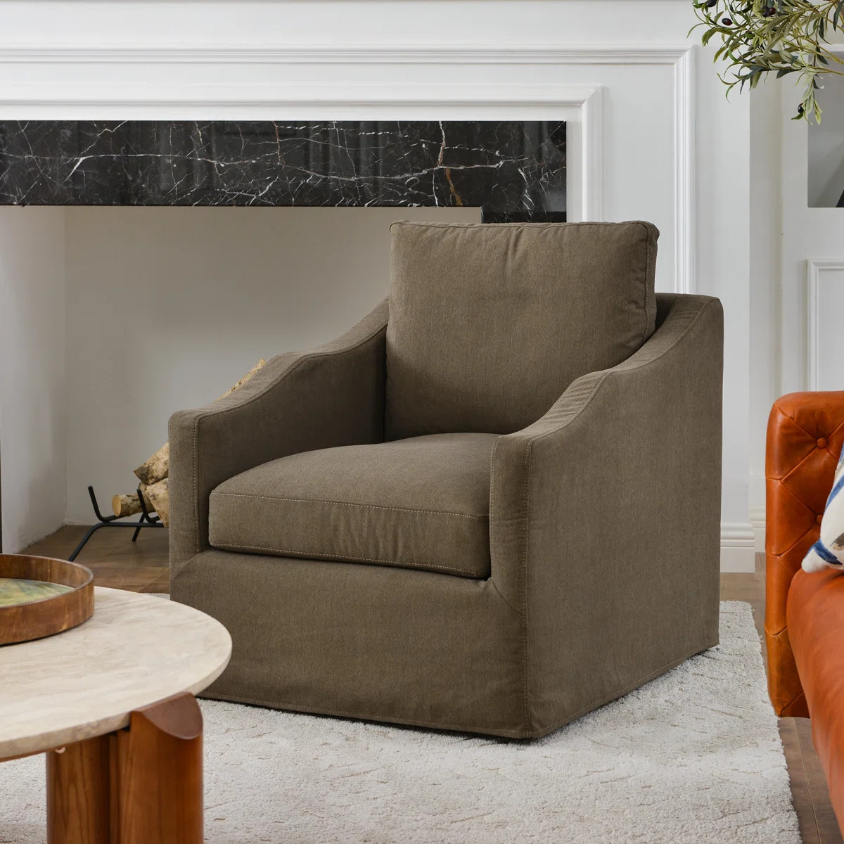 28" Wide Down Fill Upholstered Slipcovered Swivel Barrel Chair | Wayfair North America