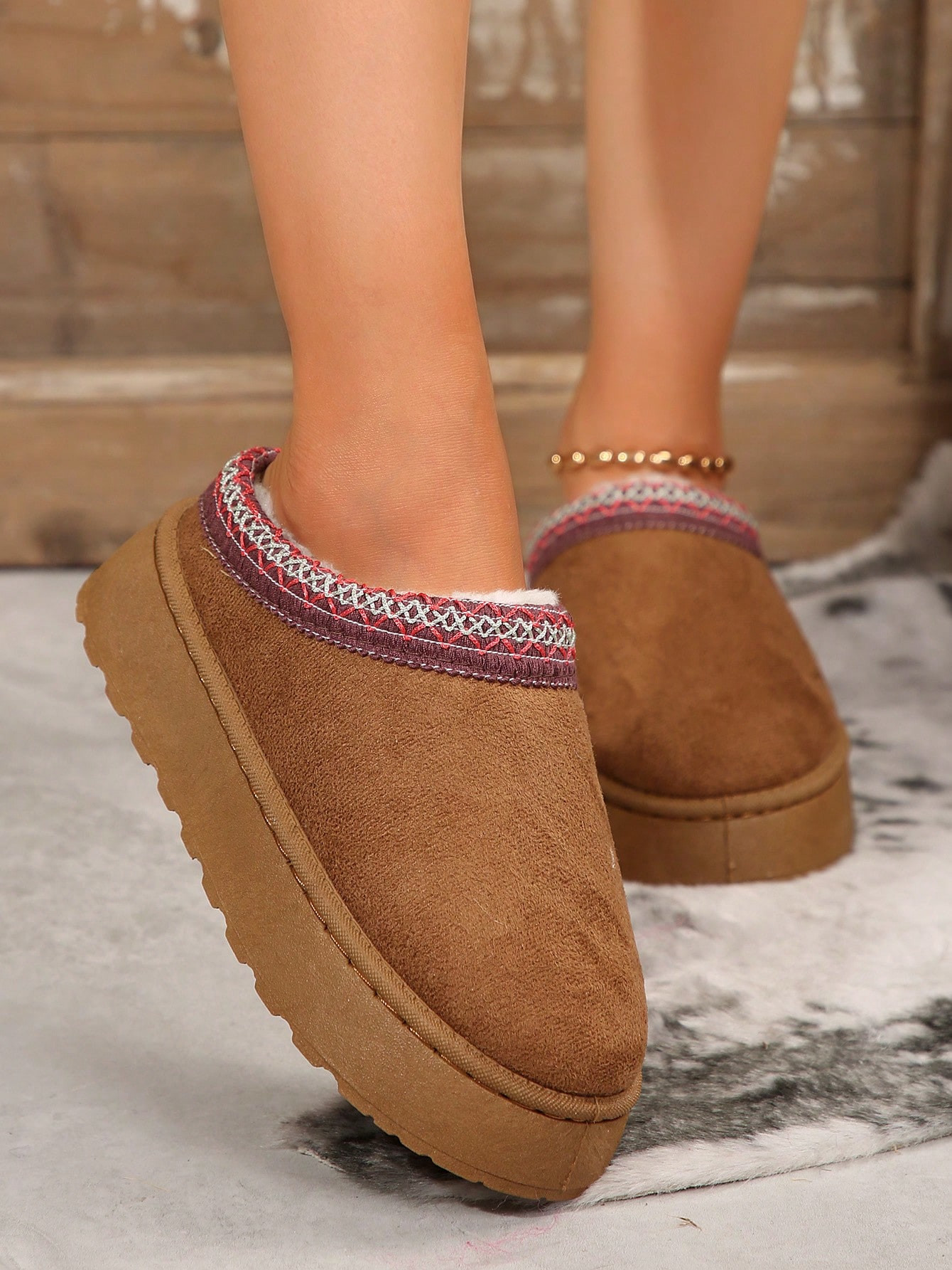 2024 New Sheepskin Wool Lined Flat Slide Slippers Women Furry Fluffy Fuzzy House Slippers Closed ... | SHEIN