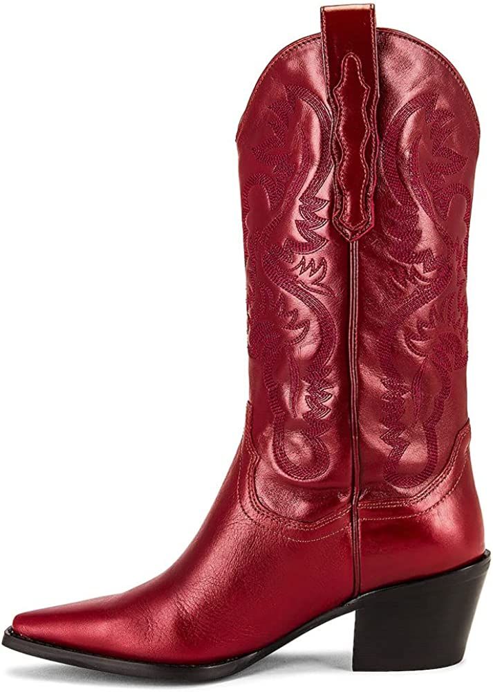 Mattiventon Cowgirl Boots for Women Vintage Embroidery Cowboy Boots Pull on Mid Calf Western Boot... | Amazon (US)