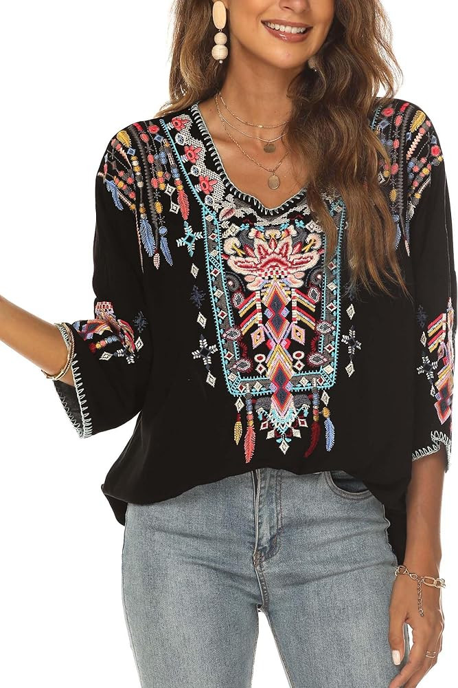 LauraKlein Women Mexican Embroidered Shirt for Women Bohemian Style Top Blouse 3/4 Sleeve Summer ... | Amazon (US)