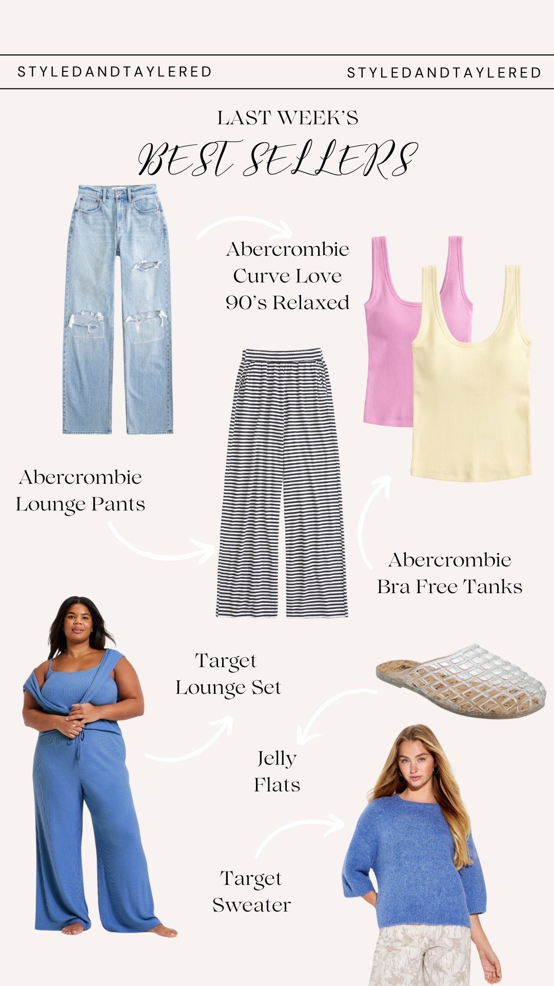 Last weeks best sellers 💕

Abercrombie Curve Love 90’s relaxed jeans

Target lounge set - pants come in long lengths! 

Target sweater top

Abercrombie lounge pants (come in multiple lengths) 

Abercrombie bra free scoop tanks

Nordstrom jelly flats 


Midsize fashion
Tall fashion
Spring outfits 2026

#LTKTall #LTKSaleAlert #LTKMidsize