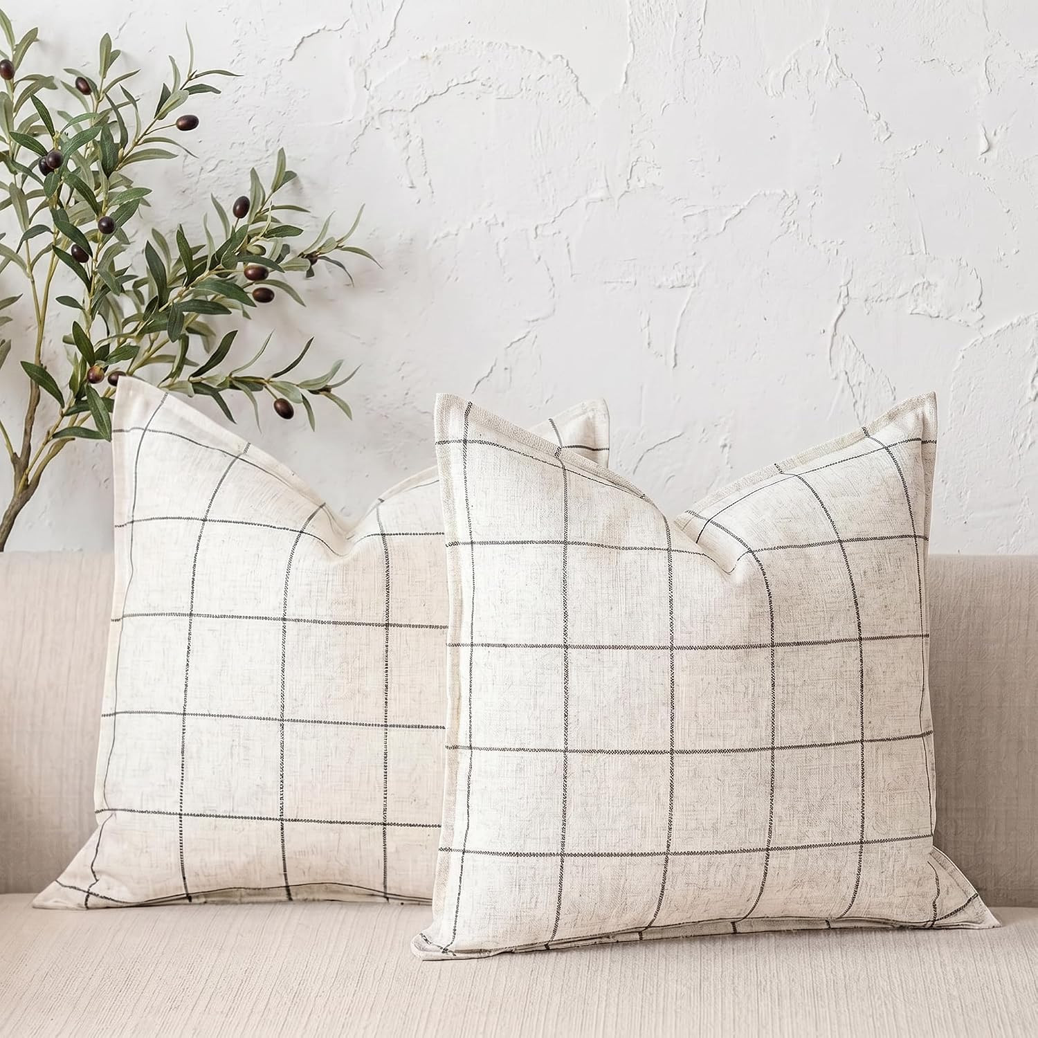 Ivory White Plaid Rustic Linen Euro Pillow Sham Covers 26x26 Set of 2 | Amazon (US)