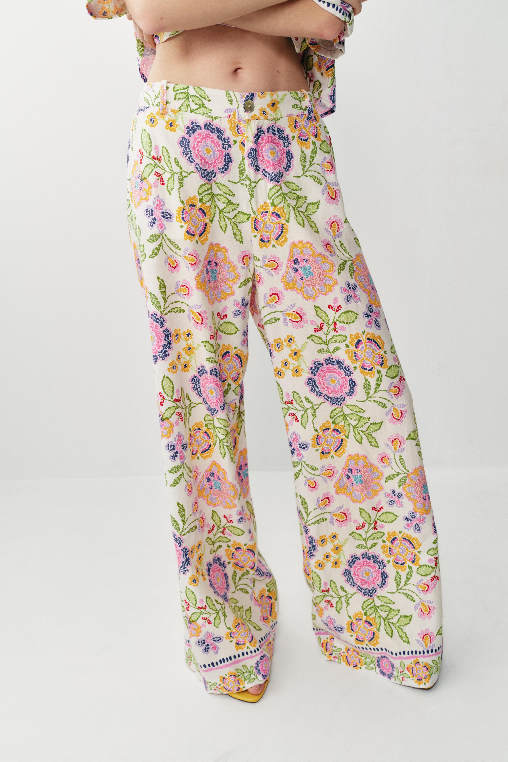 FLORAL PRINT LINEN BLEND TROUSERS | Zara UK