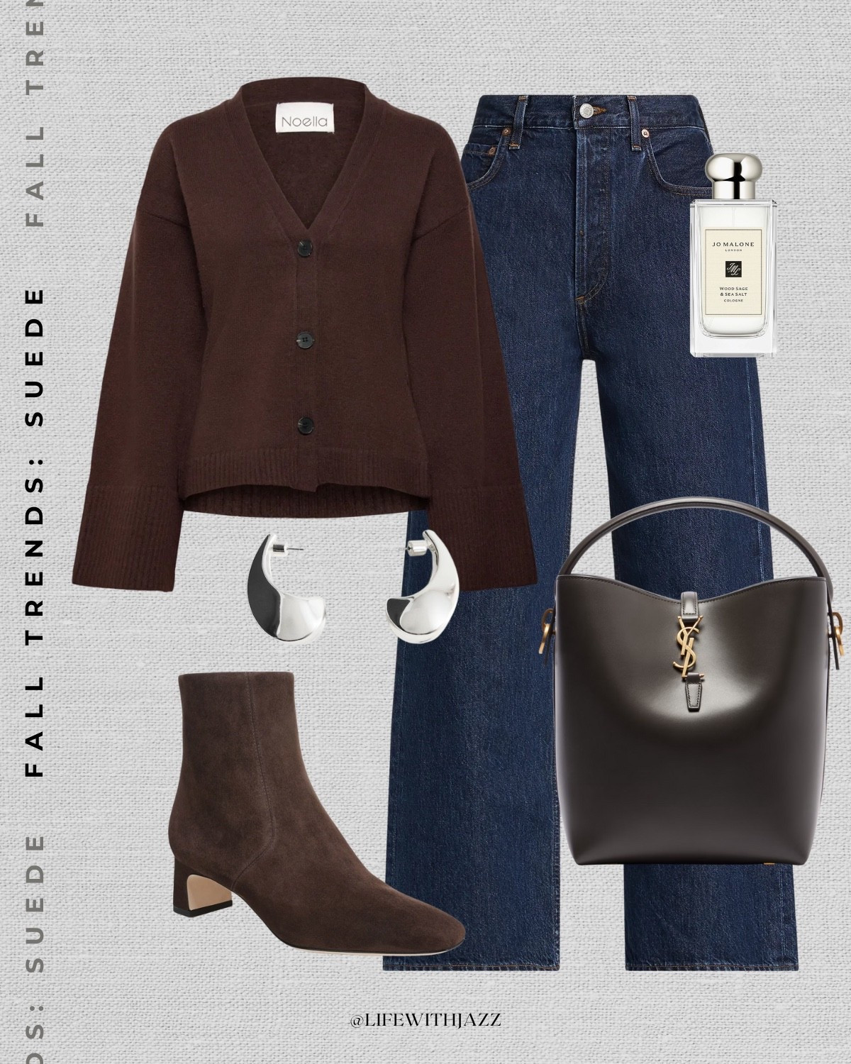 Fall outfit styling suede 

elevated style / chocolate brown vneck cardigan / dark blue wash wide leg jeans / suede chocolate brown boots / YSL tote / Jo Malone perfume / fall style 

#LTKSeasonal #LTKStyleTip
