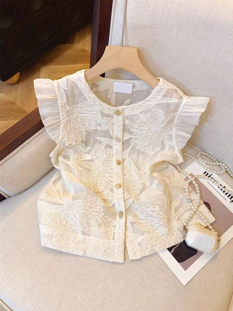 SHEIN Frenchy Women Round Neck Single Breasted Jacquard Cap Sleeve Fashion Blouse, Summer Casual | SHEIN