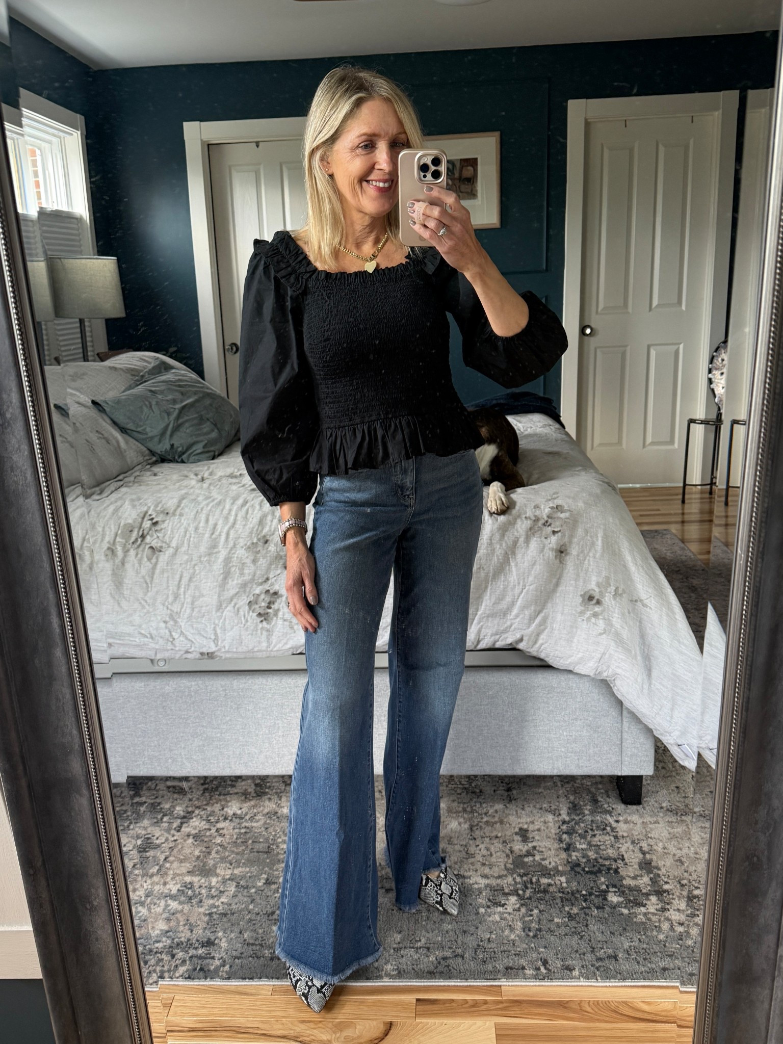 Date night outfit.
Amazon smocked top S
Gold chain heart necklace
Palazzo denim 00
Snakeprint slingbacks

#LTKFindsUnder50 #LTKSeasonal #LTKOver40