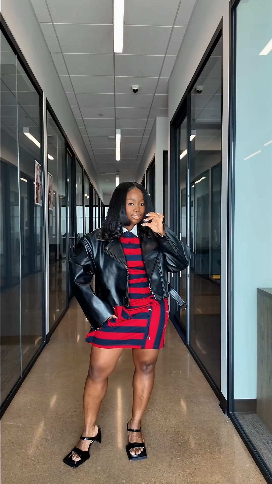 Polo collar stripped midi dress paired with oversized leather jacket

#LTKdayinmylife #LTKgrwm #LTKootd