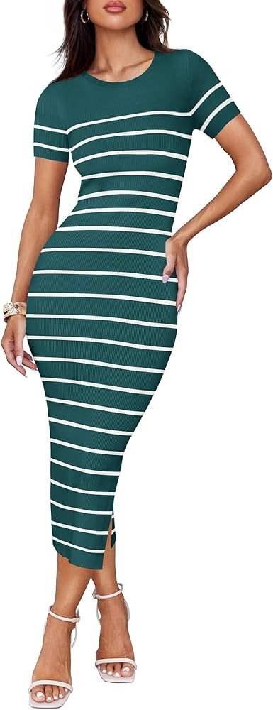 ZESICA Women's 2026 Summer Bodycon Midi Dress Striped Short Sleeve Ribbed Knit Slim Fit Side Slit... | Amazon (US)