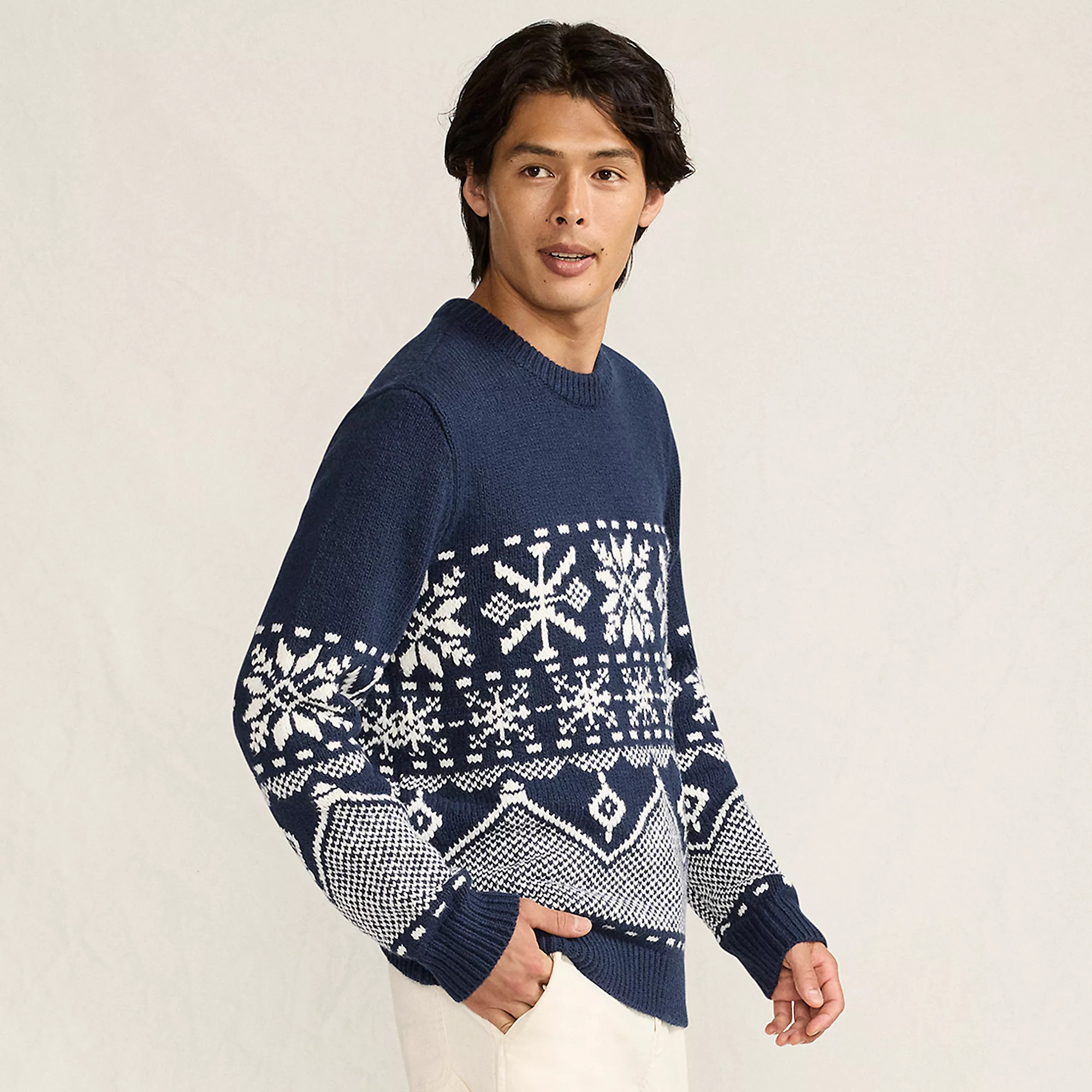 Men's Long Sleeve Holiday Snowflake Crewneck Sweater | Lands' End (US)