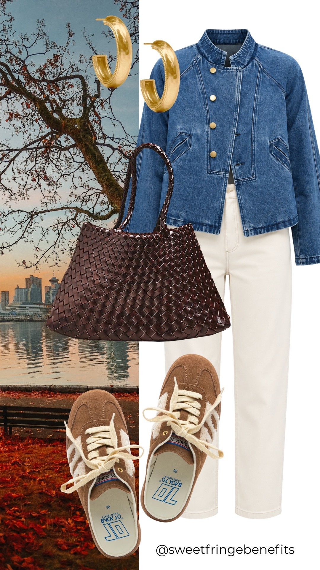 I like how this denim jacket gives a simple pair of white pants a little personality. Add sneakers and that woven bag, and you’ve got a great outfit for a day out!