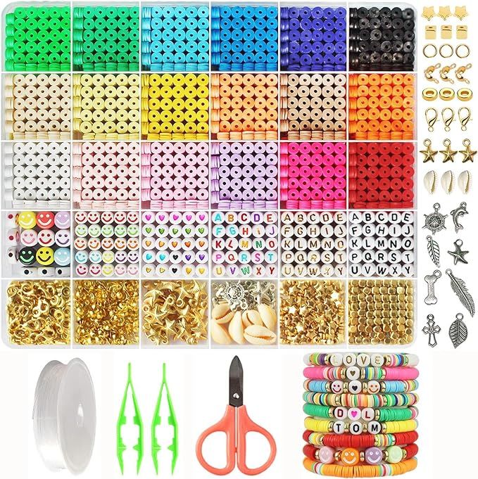 GMMA 5100 Clay Beads Bracelet Making Kit, Spacer Flat Beads 24 Colors Flat Clay Heishi Beads, Str... | Amazon (US)
