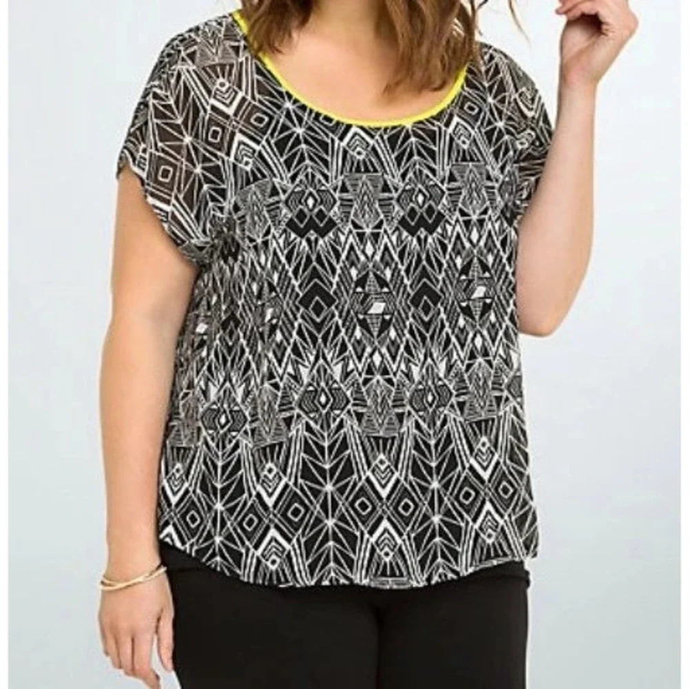 Torrid\u200e Black White Geometric Tribal Print Xback Blouse Neon Yellow Trim 0 L 12 | Poshmark