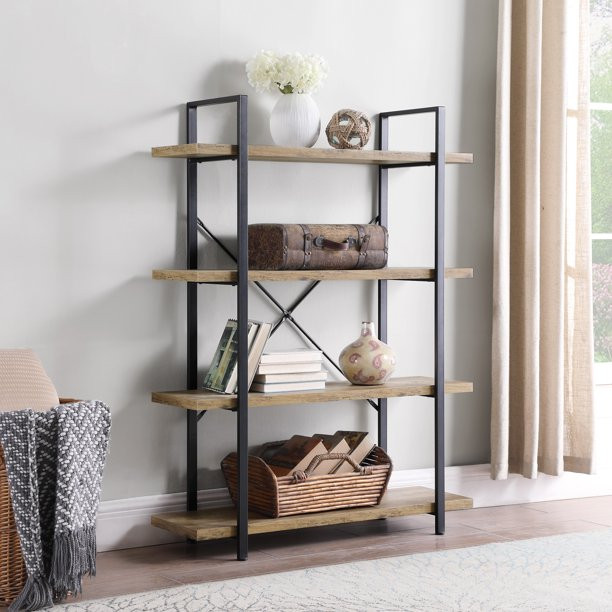 BELLEZE Industrial Bookshelf Open Wide Office Etagere Book Shelf Wood And Metal Bookcases | Walmart (US)