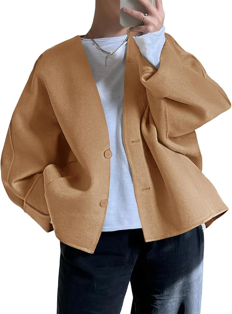 Tankaneo Womens Oversized Cropped Pea Coats Fall Winter Loose Wool Blend Coat Casual Long Sleeve ... | Amazon (US)