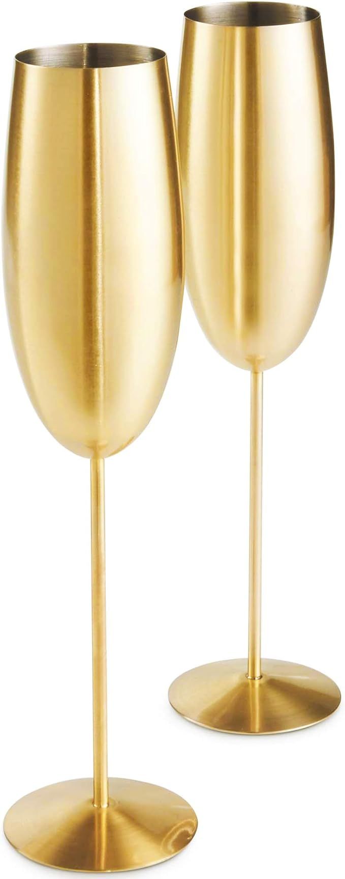 VonShef Champagne Flutes, Set of 2 Brushed Gold Prosecco Glasses w/Gift Box, Stainless Steel Shat... | Amazon (US)