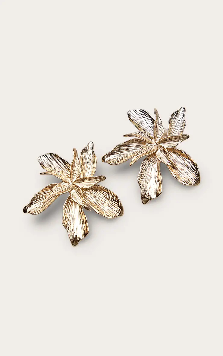 Gold Textured Large Flower Statement Earrings | PrettyLittleThing USA | PrettyLittleThing US