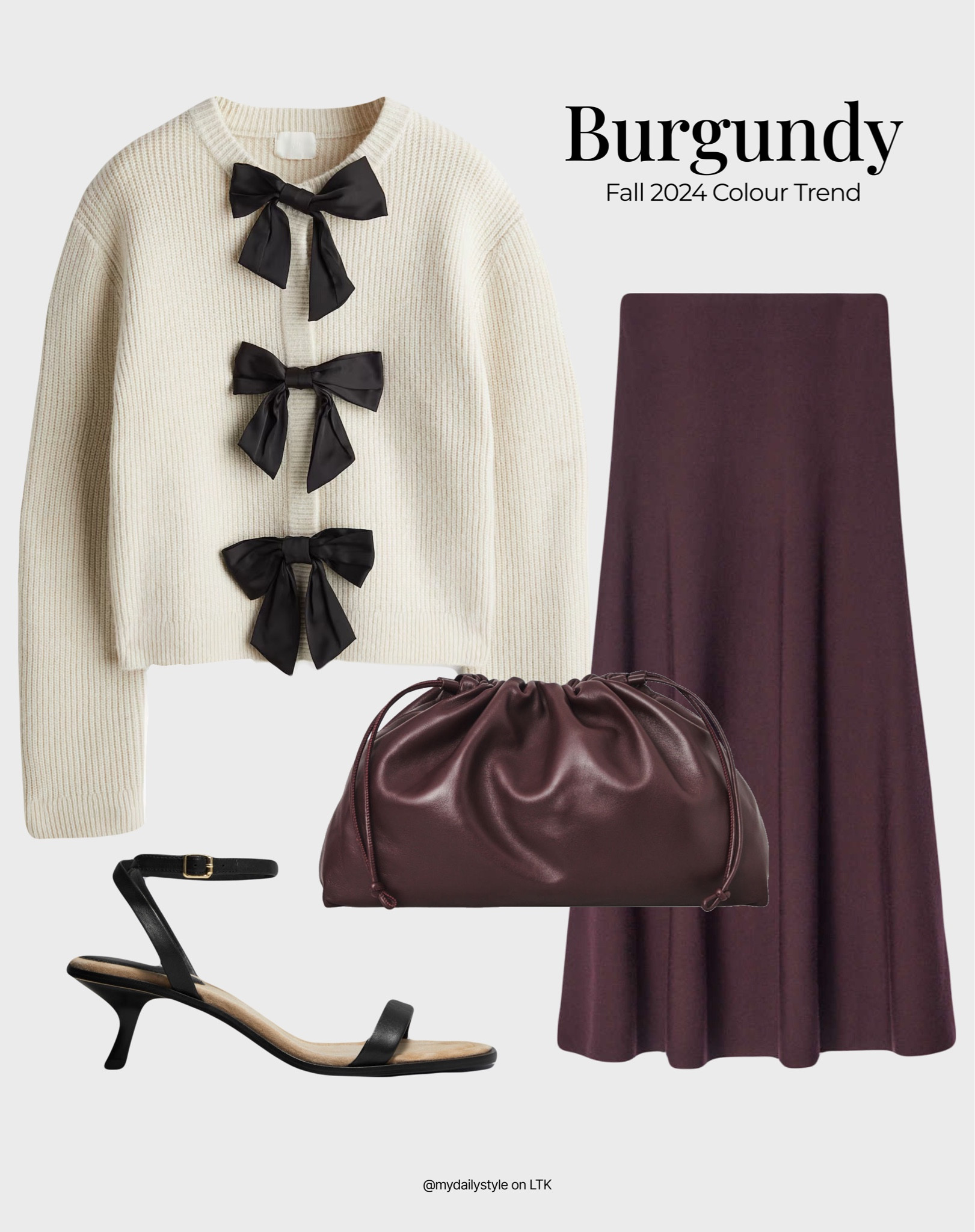 Burgundy will definitely be the biggest fall-winter 2024 colour trend! And I am so excited about it! Styling stunning H&M knit bow jumper with a burgundy maxi skirt. Meanwhile, burgundy clatch & heeled sandals add a feminine touch to this  outfit.

Check out more styling ideas in my profile. 

Tags: burgundy, cherry red, chocolate brown, fall style, pre-fall, autumn style, fall outfit, autumn outfit, fall fashion, autumn fashion, easy styling, simple everyday look, chic & basic outfit, Parisian look, casual outfit, capsule wardrobe, office look, brunch style, high street. 


#LTKbag #LTKstyletip #LTKautumn