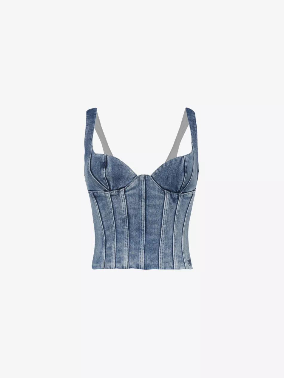 Logo-embroidered sweetheart-neckline stretch-denim top | Selfridges