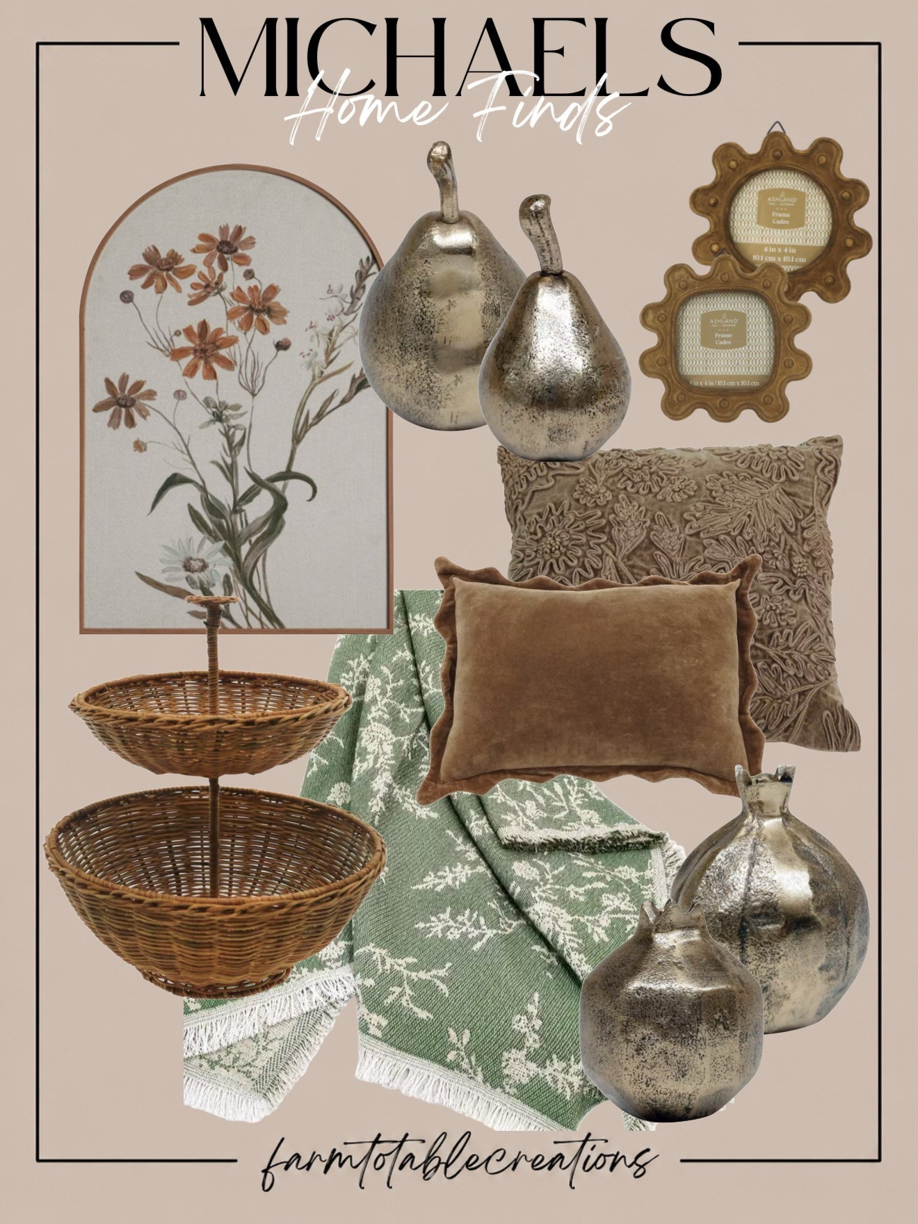 Michaels Cozy Fall Home Finds 🍂

Michaels is bringing all the warm, collected fall vibes this season! Antique-inspired metallic accents, rich brown velvet, woven textures, muted sage, and vintage-style florals make these pieces feel elevated while still cozy and approachable.

Follow @farmtotablecreations on Instagram for more cozy home finds and trending decor.

I love mixing the aged metallic pears and pomegranates with the woven basket and soft textiles—the combination gives you that layered, designer-inspired fall look without everything feeling overly seasonal.

#LTKHome #Michaels #MichaelsFinds #MichaelsHome #FallDecor #FallHome #FallHomeDecor #AutumnDecor #CozyHome #VintageInspired #CozyFall #NeutralFallDecor #FallInspo #HomeDecor #SeasonalDecor

#LTKHome #LTKSeasonal