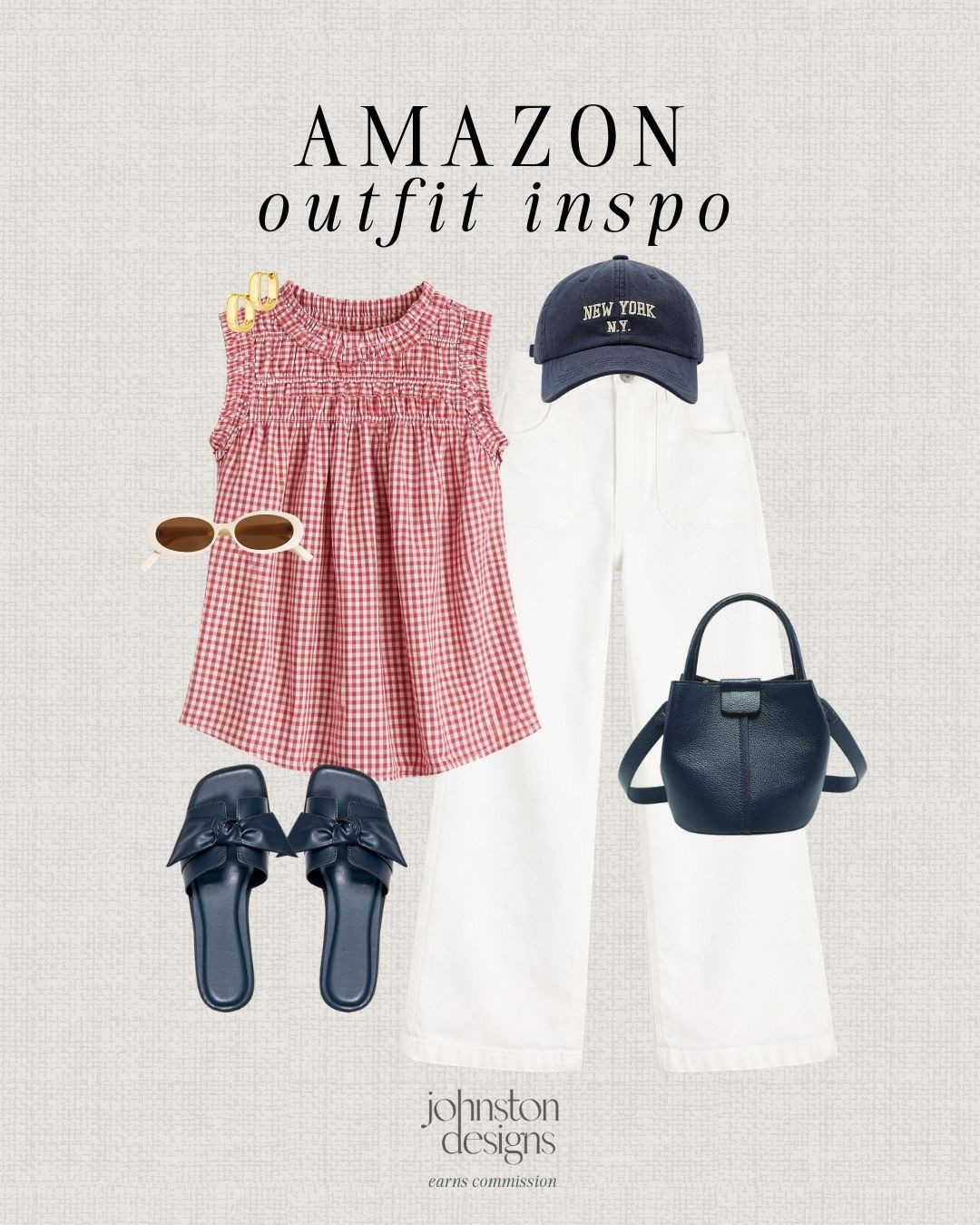 Coastal summer outfit inspo. 🇺🇸🤍 This gingham + navy combo feels classic, easy and perfect for everyday errands or gatherings.

Coastal summer outfit, gingham top outfit, navy and white outfit, classic summer style, preppy summer outfit, casual chic outfit, east coast style, summer outfit inspo, everyday summer look, amazon fashion finds, summer 2026. 

 #LTKootd #LTKSeasonal