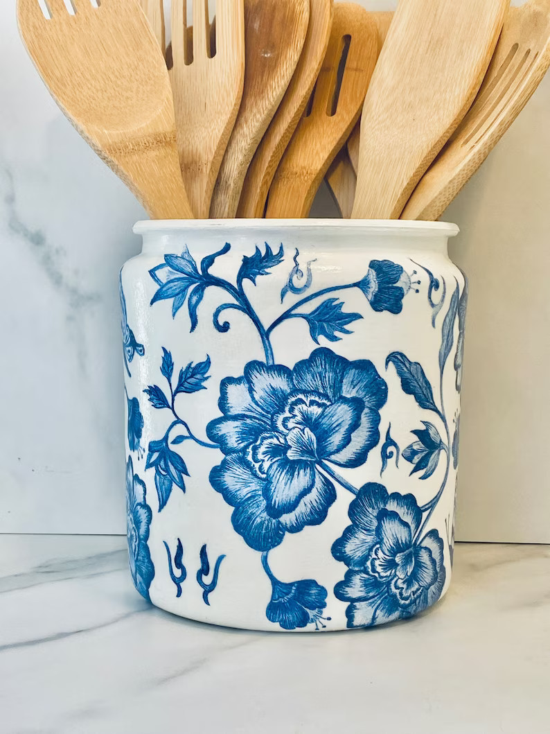 Blue & White chinoiserie kitchen utensil holder, utensil caddy, utensil crock, floral French farm... | Etsy (US)