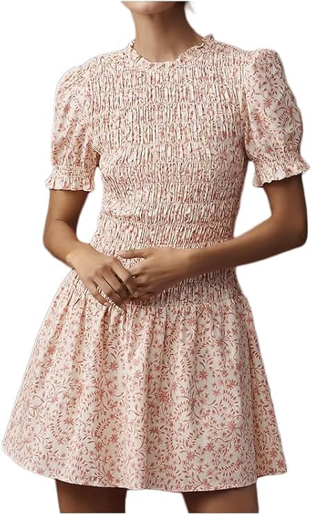 Womens Summer Casual Floral Smocked Dress Cute Puff Sleeve Ruffle Party Flowy Mini Dress | Amazon (US)