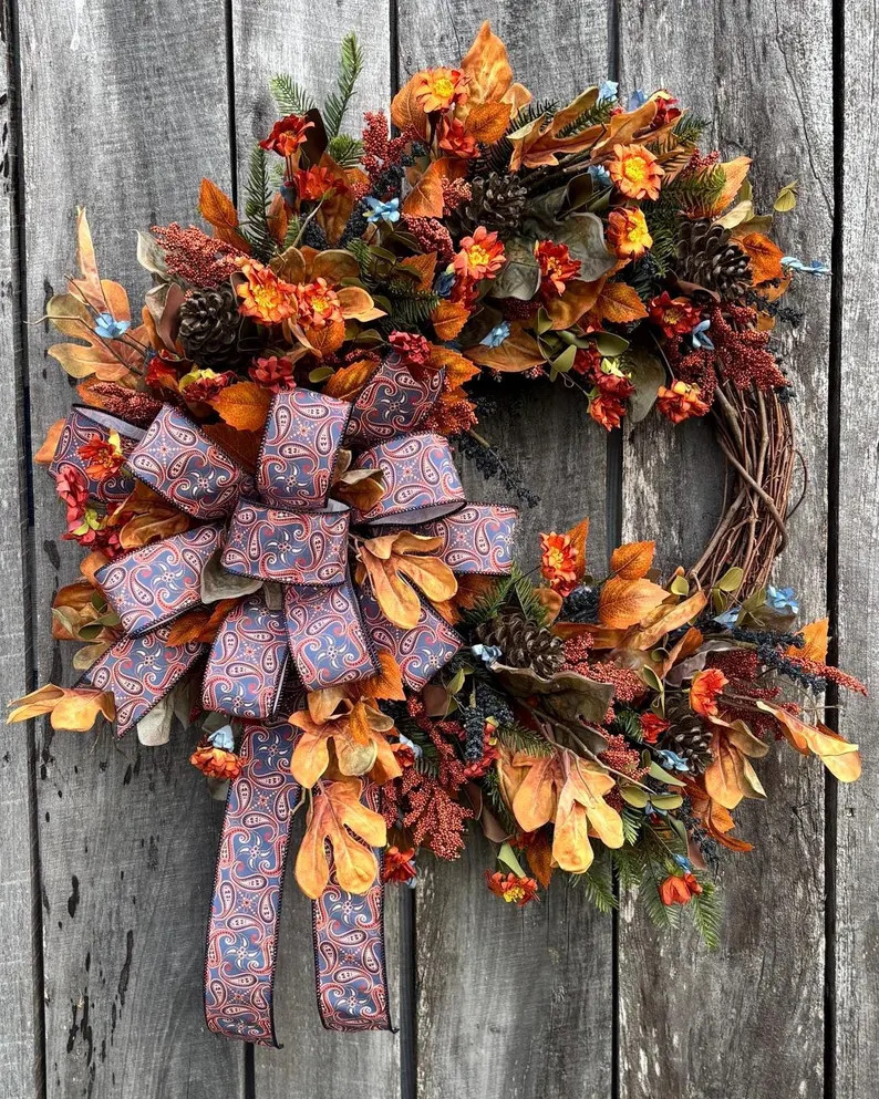 Fall Front Door Wreath with Pinecones & Paisley Bow, Autumn Front Door Wreath, Farmhouse Thanksgi... | Etsy (Global)