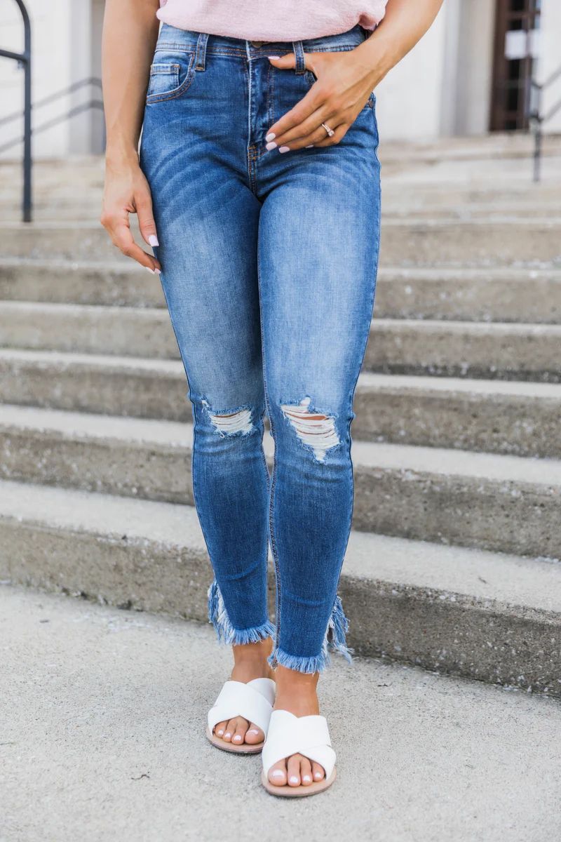 The Eloise Dark Wash Distressed Crop Jeans | The Pink Lily Boutique