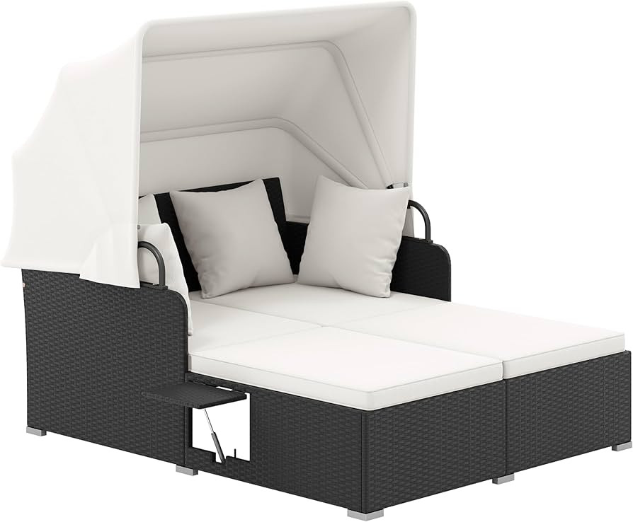 Tangkula Patio Rattan Daybed with Retractable Canopy, Outdoor Wicker Sunbed Lounger with 2 Foldab... | Amazon (US)