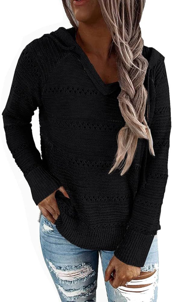 PrinStory Women's Fall Lightweight Color Block Hoodies Sweatshirts Hollow Knit Drawstring Loose Pull | Amazon (US)