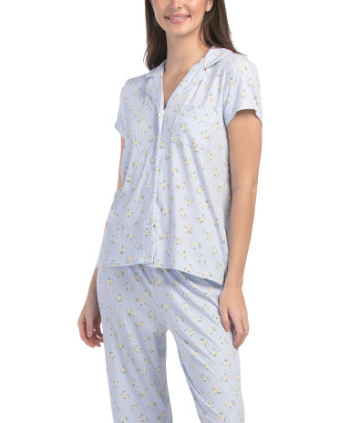 2pc Notch Collar Short Sleeve Top And Pants Floral Print Pajama Set | TJ Maxx