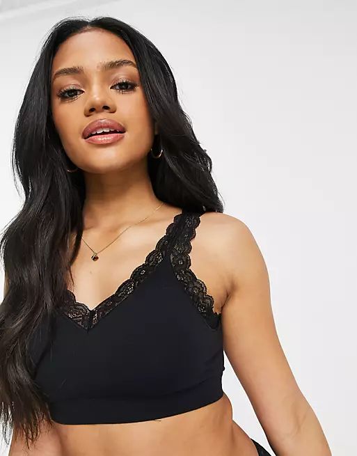 Lindex eco modal seamless rib bralette with lace trim and removeable pads in black | ASOS (Global)