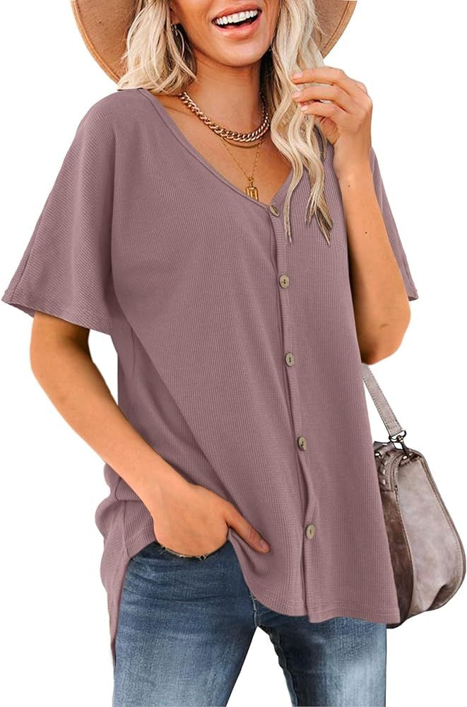 Beluring Women's Shirts V Neck Short/Long Sleeve Waffle Knit Button Up Tunic Tops Blouse | Amazon (US)