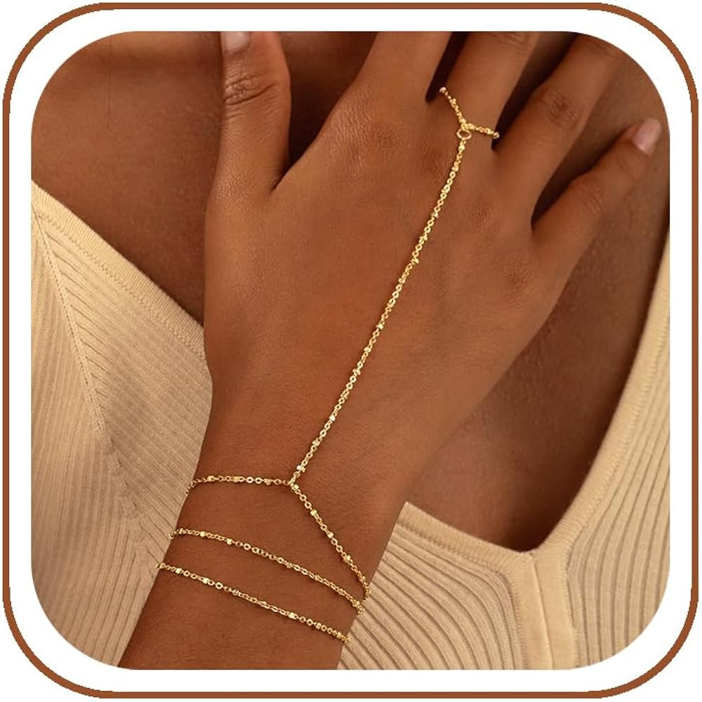 CHESKY 14K Gold Plated Hand Chain Bracelets for Women Set - Dainty Finger Ring Bracelet Stack Adj... | Amazon (US)
