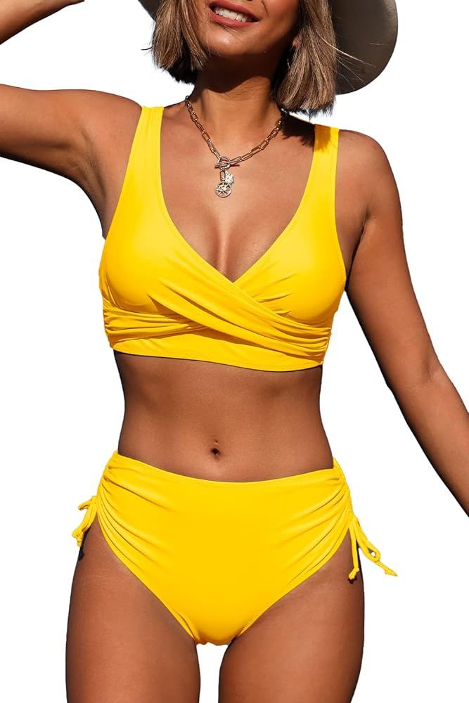 Women's High Waisted Bikini Twist Front Tie Back 2 Piece Swimsuits | Amazon (US)
