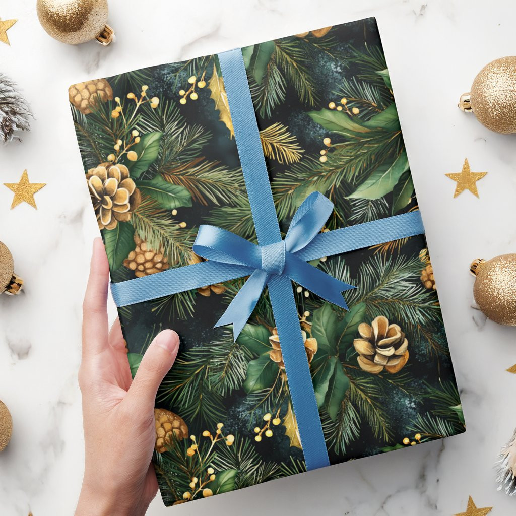 Christmas Green Gold Moody Festive Greenery Wrapping Paper | Zazzle