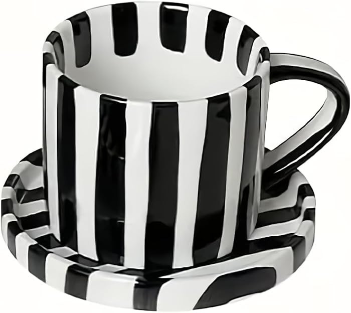 Tea Cup and Saucer, Ceramic 8 oz coffee mug, Dishwasher Safe and Microwave Safe, Black and White | Amazon (US)