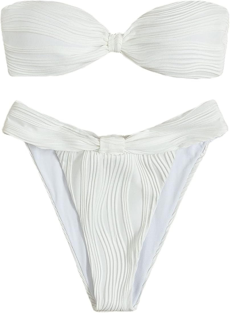 SheIn Women's Floral Strapless Bandeau Swimsuit High Cut Thong String Bikini Set Triangle Bathing... | Amazon (US)