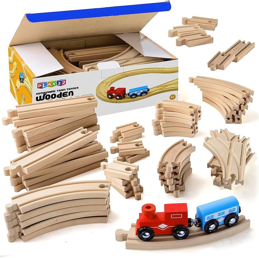 Wooden Train Tracks - 52 PCS Wooden Train Set + 2 Bonus Toy Trains - Train Sets for Kids - Car Tr... | Amazon (CA)